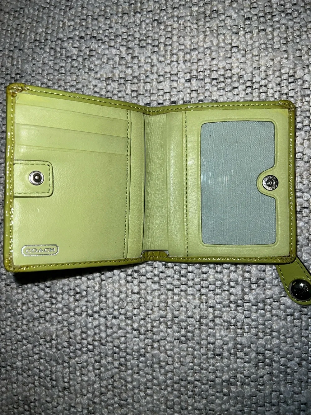 Coach Vintage Y2K Signature OP Lime Green Patent Leather Compact Wallet